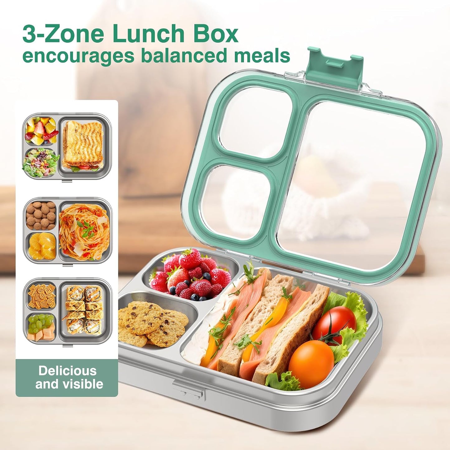 HOMEKOL Stainless Steel Bento Lunch Box, 3-Compartment Leak-Proof Lunch Container for Kids & Adults, BPA/BPS-Free 304 Metal Food Box, Dishwasher Safe, Clear Tritan Lid, Green (Not Insulated)