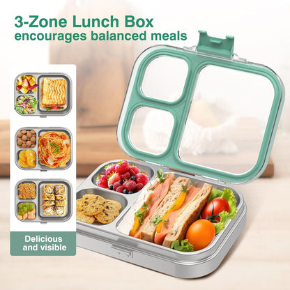 HOMEKOL Stainless Steel Bento Lunch Box, 3-Compartment Leak-Proof Lunch Container for Kids & Adults, BPA/BPS-Free 304 Metal Food Box, Dishwasher Safe, Clear Tritan Lid, Green (Not Insulated)
