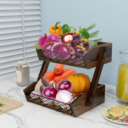 Dorhors Fruit Basket for Kitchen,Fruit Bowl,Kitchen Counter Organizer,Wooden Vegetable Holder for Countertop,Bread Storage Basket Stand(2 Tier)