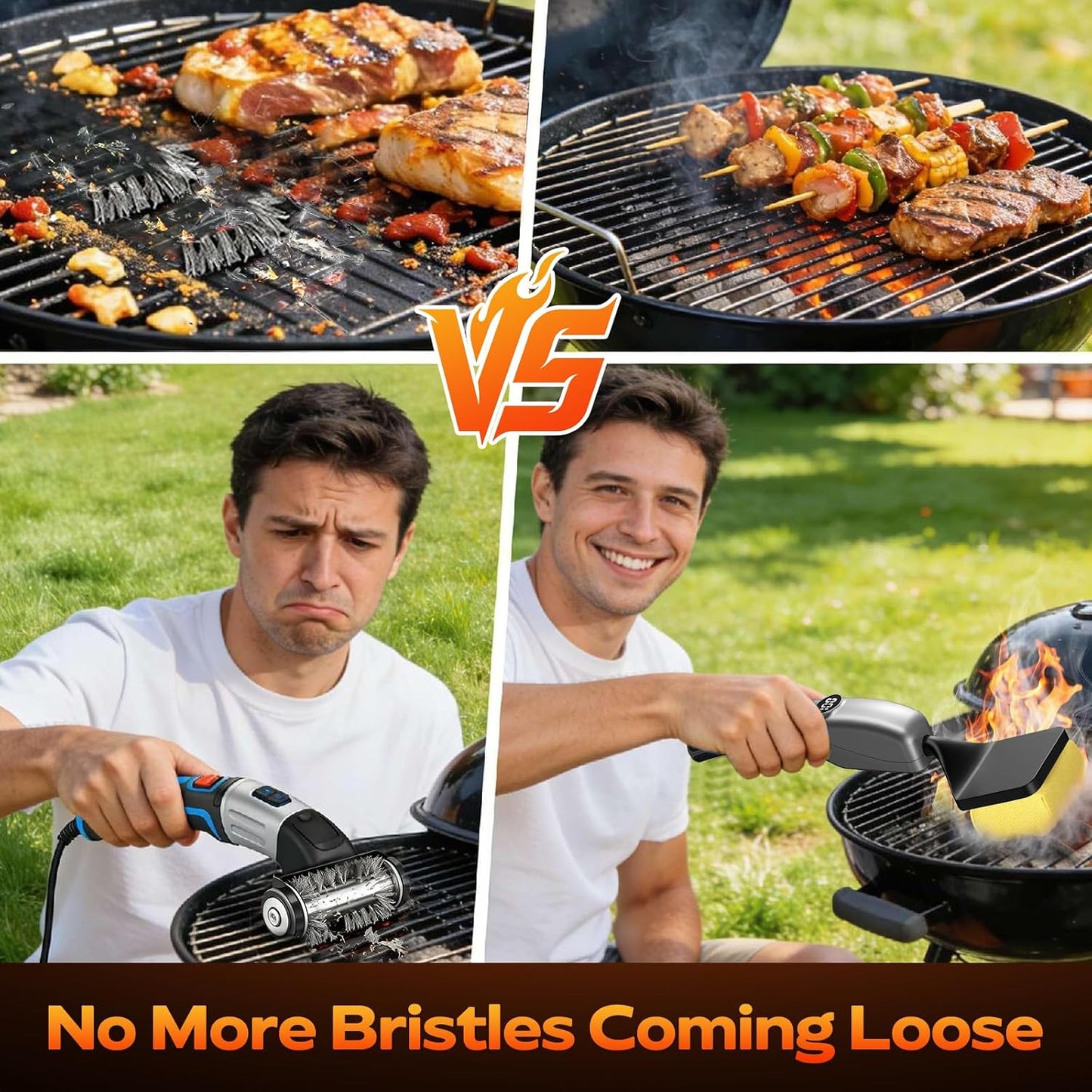 Reciprocating Electric Grill Brush, Fire-Resistant BBQ Grill Brush, Bristle-Free Grill Brush for Outdoor Grill, Grill Cleaner with 3 Heads, Cordless Grill Cleaning Brush with 3600 mAn, Silver