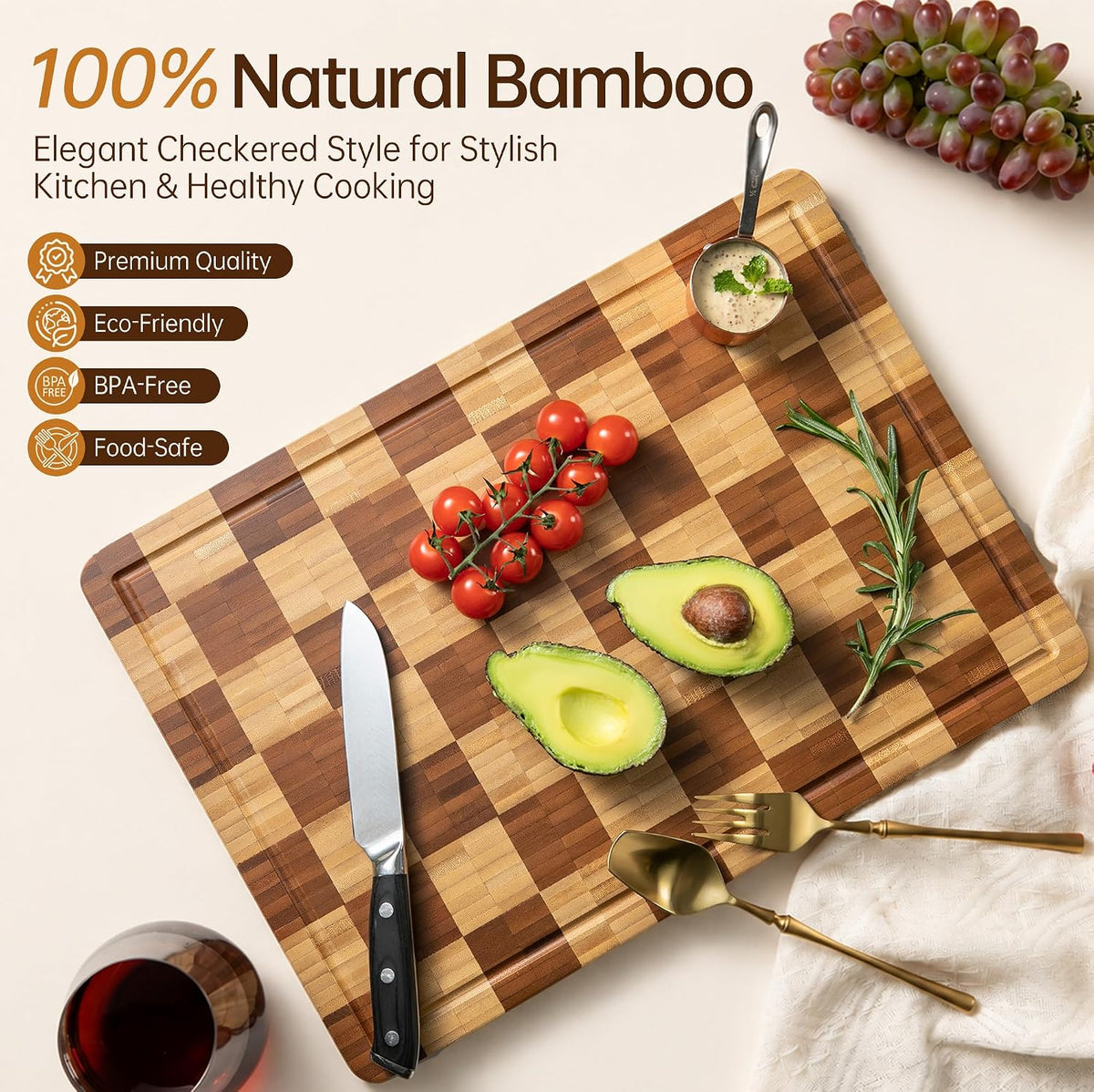 THETCHRY Cutting Boards for Kitchen, Checkered Walnut Wooden Cutting Board