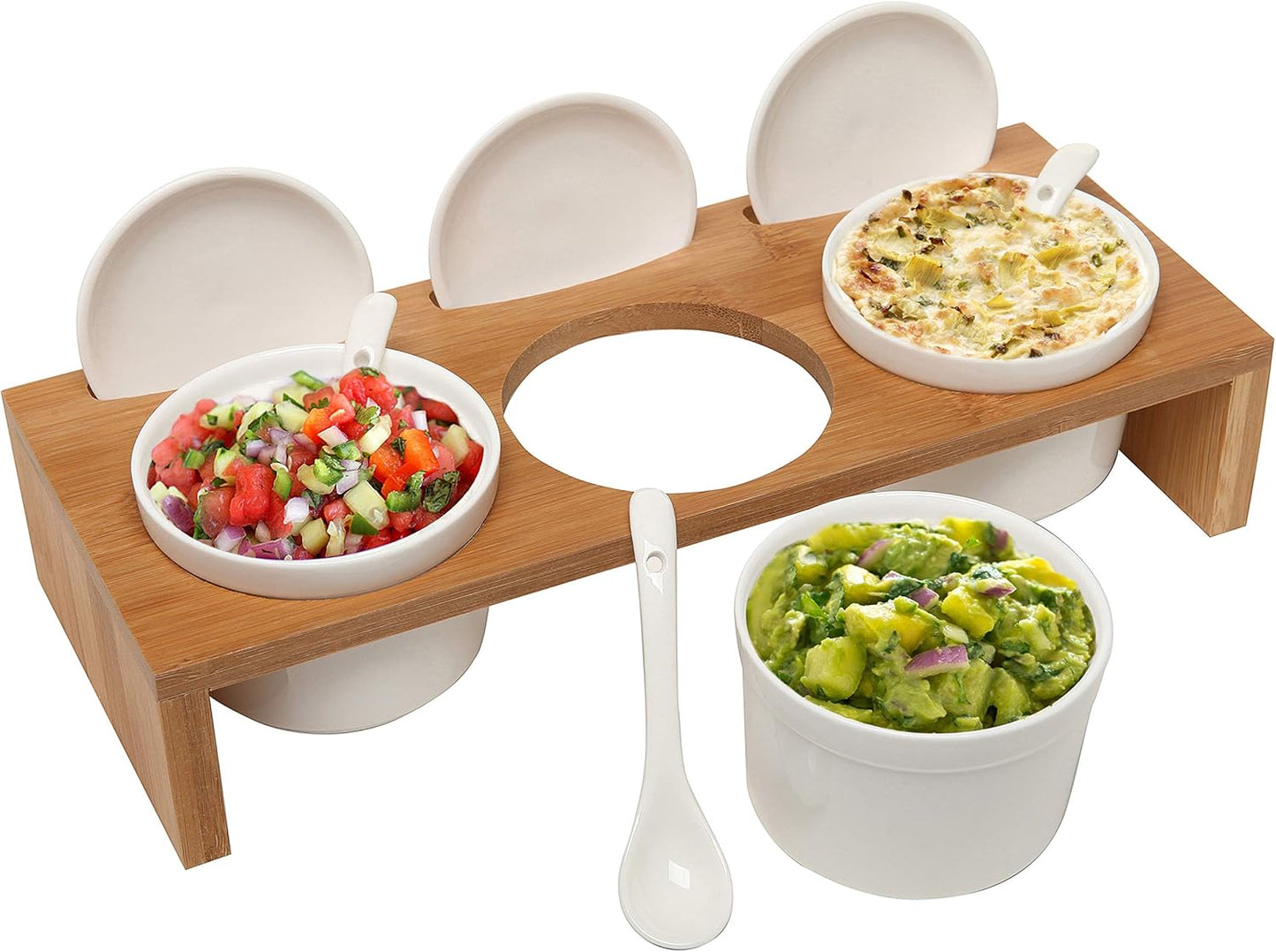 MyGift 10 Pcs Condiment Pot Serving Dish Set, Hosting Essentials, Premium Acacia Solid Wood Raised Display Server Tray and 3 Ceramic Ramekin Dip Bowls with Lids and Spoons