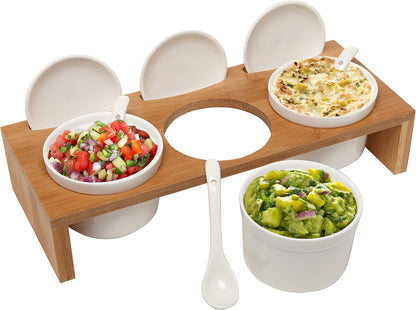MyGift 10 Pcs Condiment Pot Serving Dish Set, Hosting Essentials, Premium Acacia Solid Wood Raised Display Server Tray and 3 Ceramic Ramekin Dip Bowls with Lids and Spoons