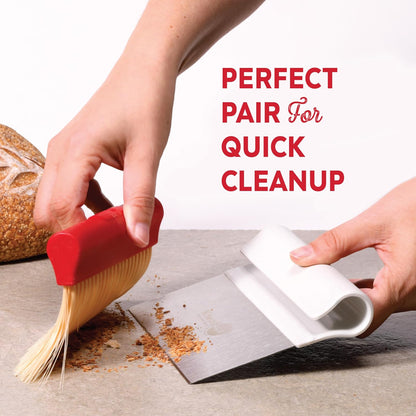 KneadAce Dough Scraper & Baker’s Brush Set. Stainless Steel Bench Scraper & Flour Cleaning Brush. Kitchen Tool for Pastry, Sourdough and Baking Prep Bread Dough Cutter, Gift For Bakers (White/Red)