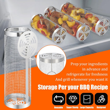 10-Piece BBQ Set: 2 Rolling Grill Baskets for Effortless Flipping, 304 Stainless Steel for Easy Clean, Sausage & Vegetables, Oil Bottle, Forks, Brushes, Outdoor Camping Grilling Accessories, Gifts for Men Dad Husband