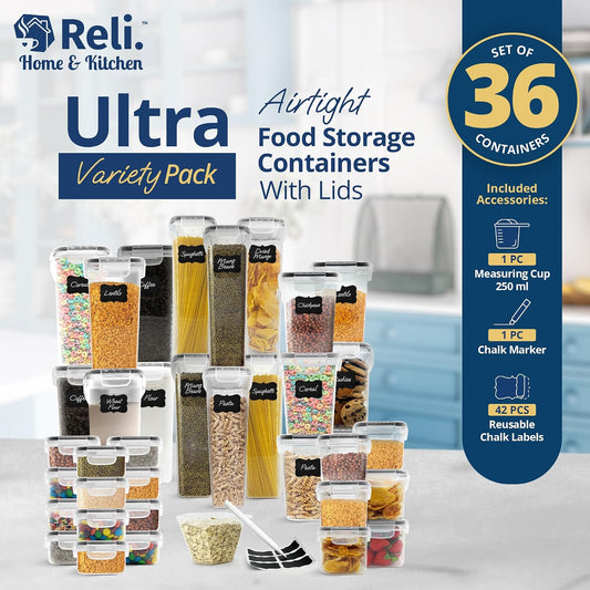 Reli. Airtight Canister Set with Lids (36 Set) | Clear Plastic Food Storage Canisters | Ultra Variety Pack | BPA-Free