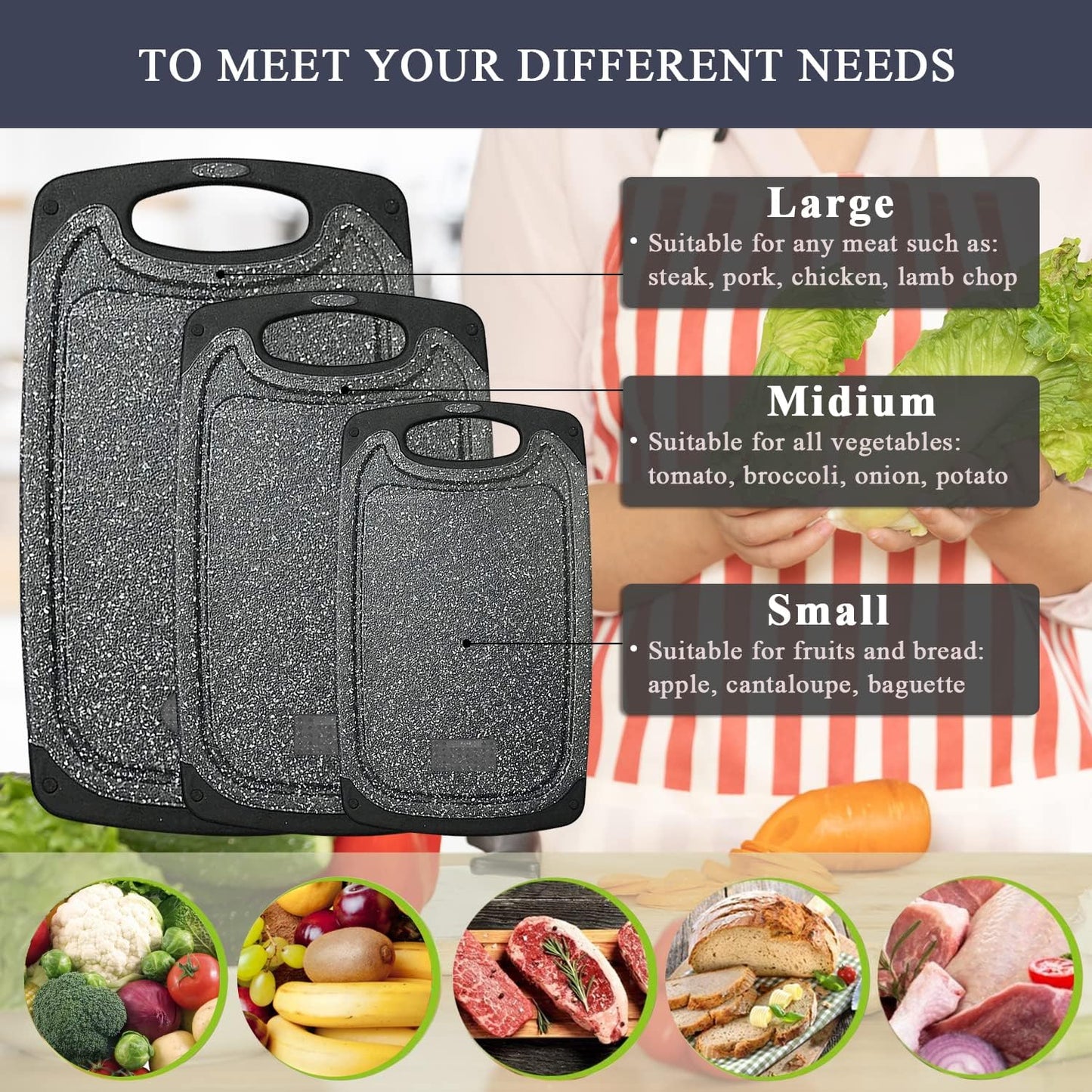 Viretang Plastic Cutting Boards Set of 3 Extra Large for Kitchen, Thick Chopping Board with Deep Juice Grooves, Non‑Slip Feet, Easy Grip Handle, BPA Free, Dishwasher Safe,Black