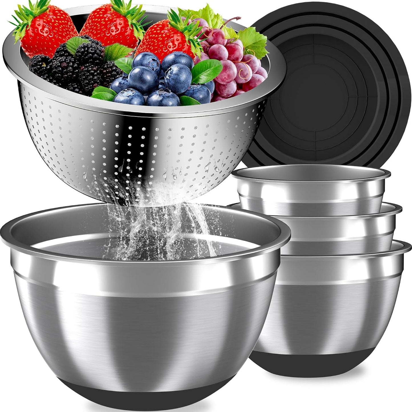 Mixing Bowls with Lids Set, 16PCS Stainless Steel Mixing Bowls,Nesting Storage Bowls for Kitchen with Mixing Bowls Set, Colander, Strainer & Grater , Metal Salad Bowl for Kitchen Gadgets , Cream