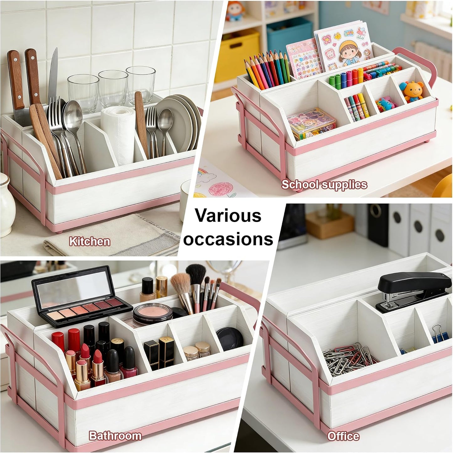 Large Kitchen Utensil Holder Caddy, 6 Compartments Wooden Utensils Organizer for Cooking Utensils, Silverware, Paper Plate, Spoon, Fork, Cutlery Storage on Kitchen Countertop for Party Hosting