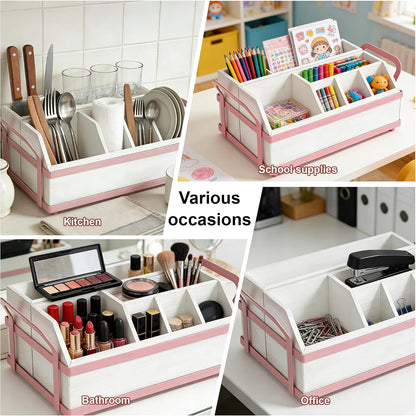 Large Kitchen Utensil Holder Caddy, 6 Compartments Wooden Utensils Organizer for Cooking Utensils, Silverware, Paper Plate, Spoon, Fork, Cutlery Storage on Kitchen Countertop for Party Hosting