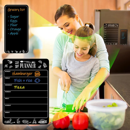 Magnetic Weekly Meal Planner & Grocery List Set - Black Dry Erase Board for Fridge - A4 Menu Calendar & 4.5x8.5 Shopping Pad - Refrigerator Chalkboard Sheet for Kitchen Organization