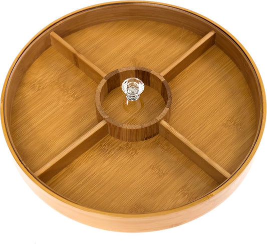 Divided Serving Tray - Bamboo with Acrylic Glass Lid - Appetizer Party Platter - Perfect for Serving Dishes, Serving Platters, Chip and Dip Tray, Veggie Tray, Or Taco Toppings Serving Tray Circle 12"