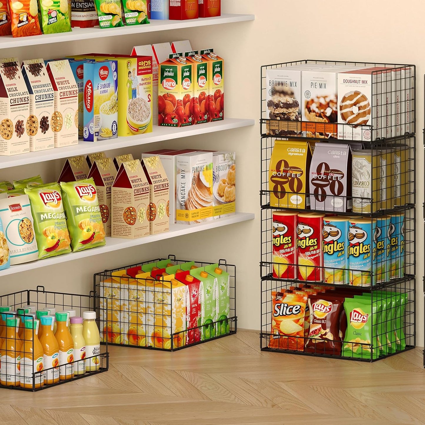 4 Pack Stackable Wire Baskets for Pantry Organizers and Storage, Pantry Baskets with Fixed Wooden Top, Fruit and Vegetable Storage Bins for Organizing Onion Potato Snack for Kitchen Cabinet/Countertop