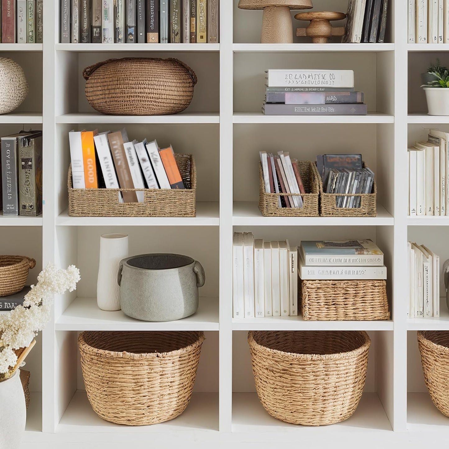 StorageWorks Water Hyacinth Pantry Storage Baskets, Wicker Baskets with Built-in Handles, Handwoven Shelf Baskets for Organizing, Pantry Organizers and Storage, 3 Pack