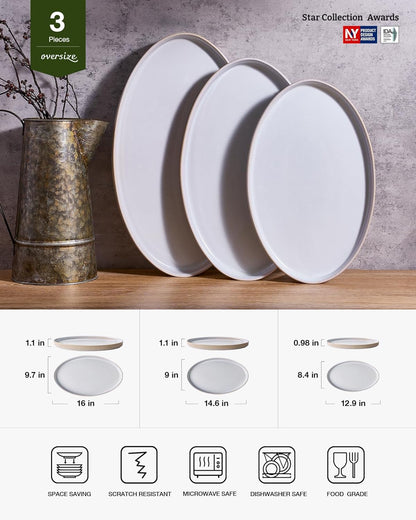 famiware Serving Platter, 16/14.6/12.9 Inch Serving Dishes for Entertaining, Party Serving Trays for Food, Buffet Oval Platters for Food, Large Plates for Bread Turkey Cheese Appetizer, Matte White