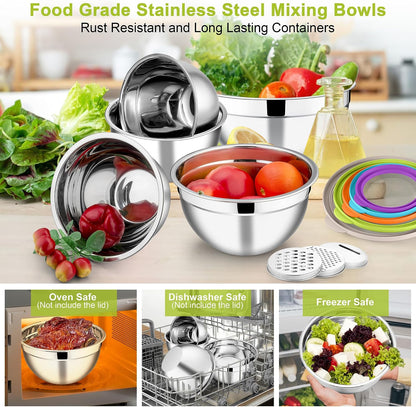 E-far Mixing Bowls Set of 5, Stainless Steel Salad Mixing Bowl with Transparent Lid, Metal Nesting Bowl Attach with 3 Graters for Kitchen Prepping/Serving/Baking/Storage, 4.6/2.6/1.5/1/0.7 QT - Black