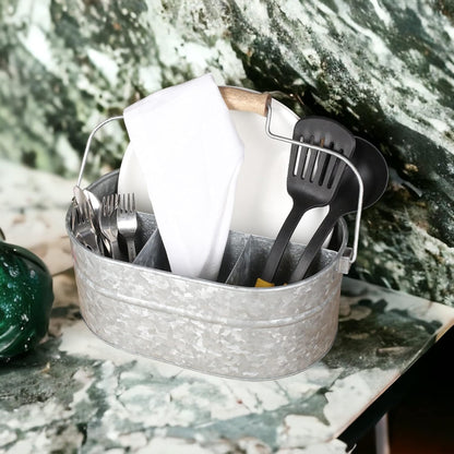 CLEENTABLE Farmhouse Galvanized Metal Utensil Caddy – 4-Compartment Silverware Organizer with Removable Handle for Countertop, Picnic & Party Use (10"x6.5"x5.5", Grey)