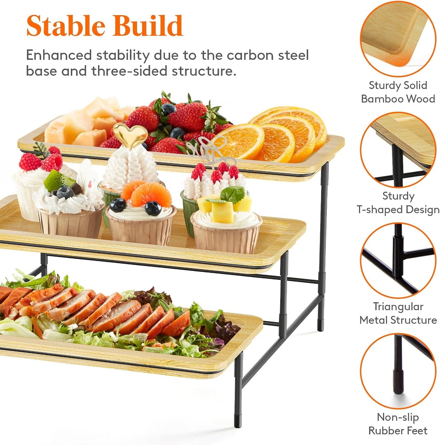 Lifewit 3 Tier Bamboo Serving Tray for Party Supplies, 30 x 17 cm/12" x 6.5" Platters for Serving Food, Reusable Trays with Gold Metal Display Stand for Veggie, Fruit, Cookies, Dessert