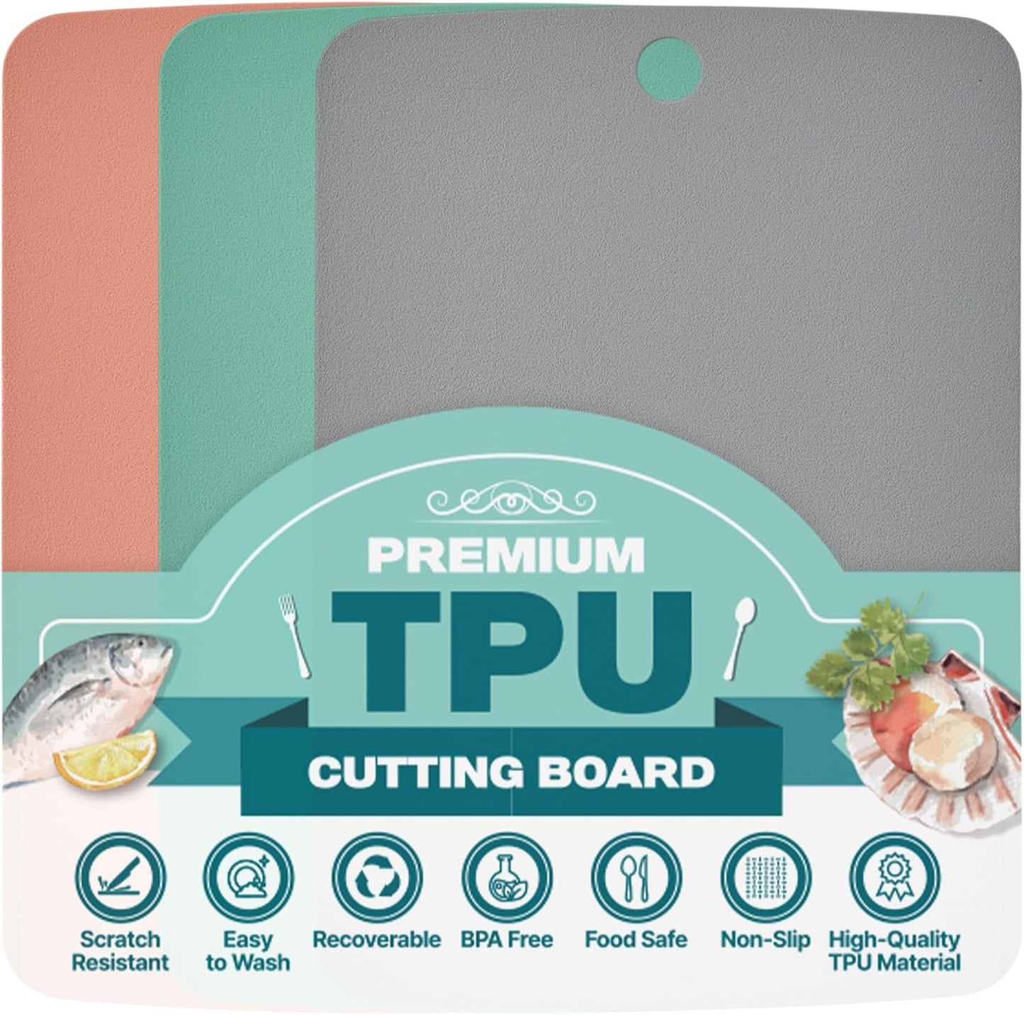 TPU Small Cutting Board Set of 3 9"x12" - Flexible Cutting Mats for Kitchen Knife Friendly, Cutting Mat Non-Slip Chopping Board Double Sided Scratch Resistant Food Grade Coral Mint Gray