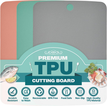 TPU Small Cutting Board Set of 3 9"x12" - Flexible Cutting Mats for Kitchen Knife Friendly, Cutting Mat Non-Slip Chopping Board Double Sided Scratch Resistant Food Grade Coral Mint Gray