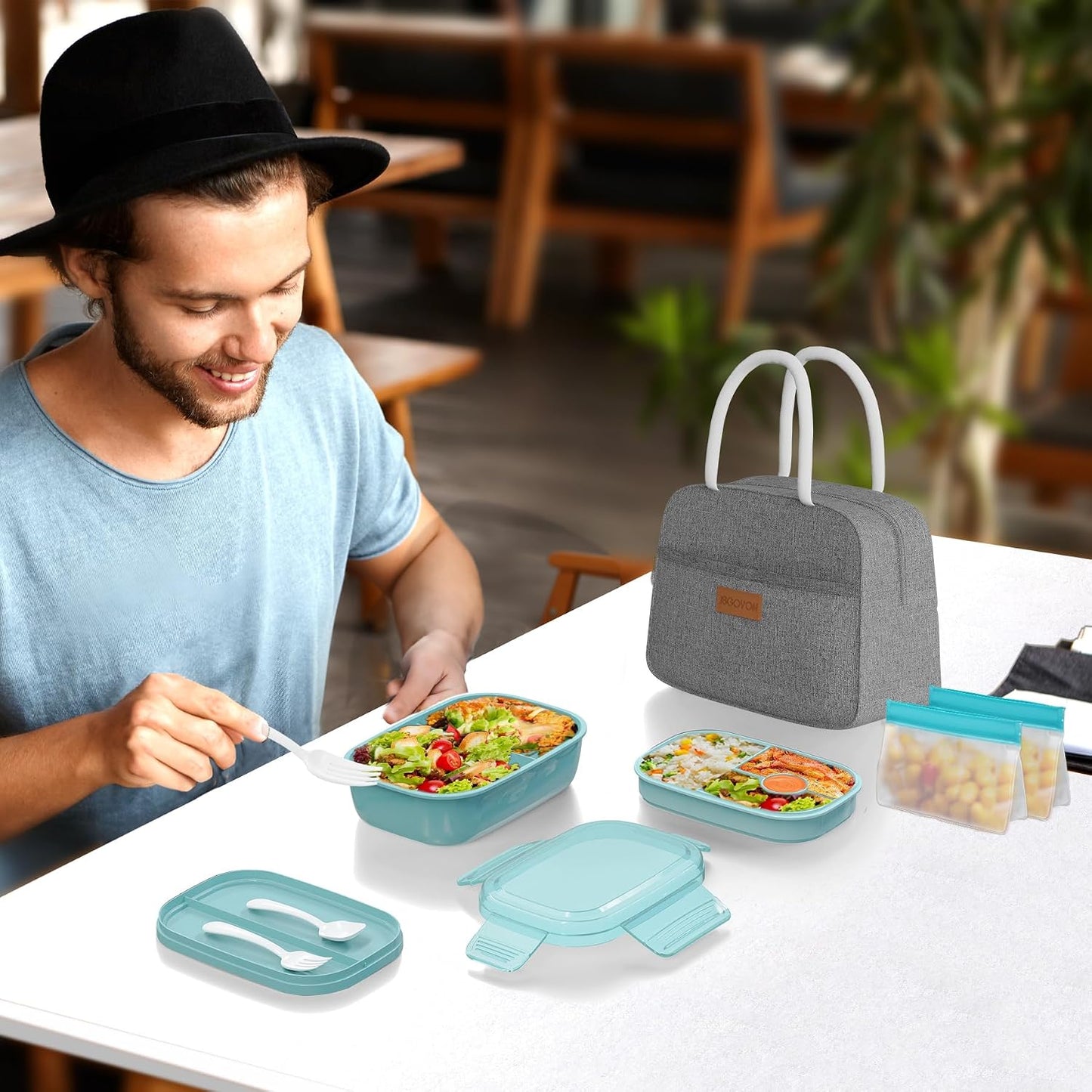 JBGOYON® Bento Lunch Box with Bag - All-in-One Stackable Lunch Containers with 3 Layers for Adults & Kids, 1900 ML Modern Bento-Style Design, Built-in Utensil Set, Lunch Bag (Purple)