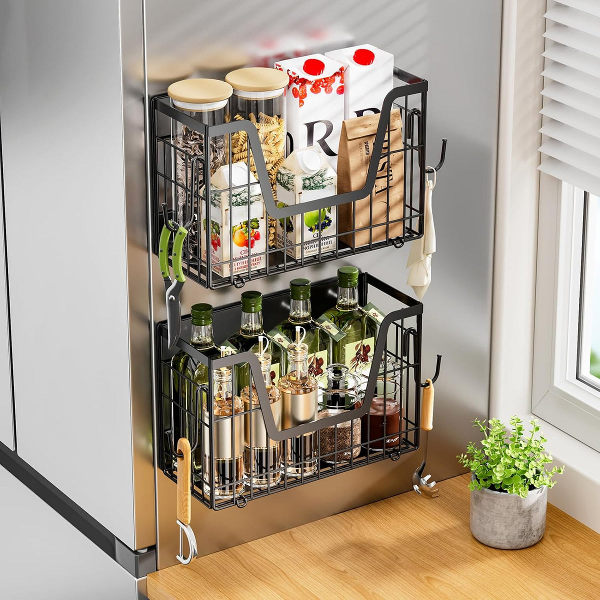 2 Set Magnetic Shelf for Fridge, Potato & Onion Storage Bins, Magnetic Fruit Basket for Refrigerator Pantry Kitchen Counter Laundry Organizer, Fridge Magnetic Spice Rack Magnet Fridge Storage