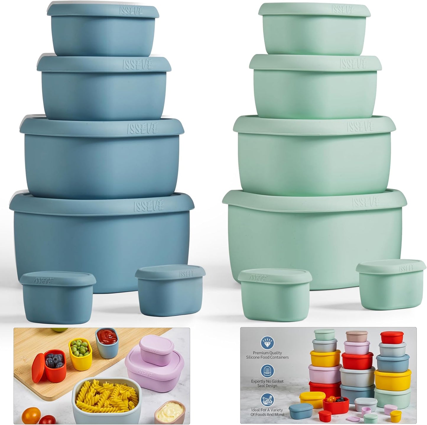 ISSEVE 12Pcs/Set Nesting Silicone Food Storage Containers with Lids, BPA Free Reusable Meal Prep Silicone Containers Airtight, Freezer Dishwasher Safe (33.8oz, 20oz, 10oz, 6.7oz, 1.3oz)