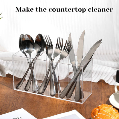 Rainmae 2Pack Acrylic Cutlery Storage Organizer, Plastic Cutlery Utensil Holder Storage Organizer Caddy for Kitchen Countertop Organization - Holds Fork, Knife, Spoon, Silverware Tableware Storage Box