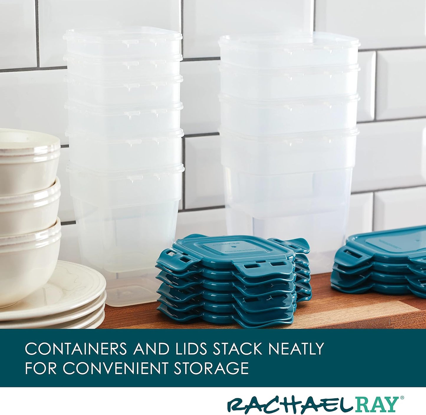 Rachael Ray Leak-Proof Nestable Container Food Storage Bin Set, 10-Piece, Clear with Teal Lids