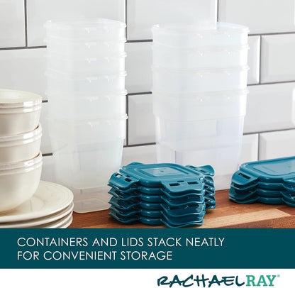 Rachael Ray Leak-Proof Nestable Container Food Storage Bin Set, 10-Piece, Clear with Teal Lids