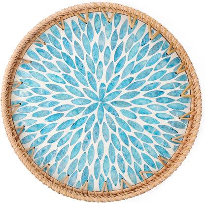 Round Rattan Tray with Mother of Pearl Inlay, Rattan Serving Tray for Coffee, Bread, Fruits, Decorative Wicker Tray for Table Decor, Home Decor, Kitchen Island Decor(Black Checkerboard, 11.8")