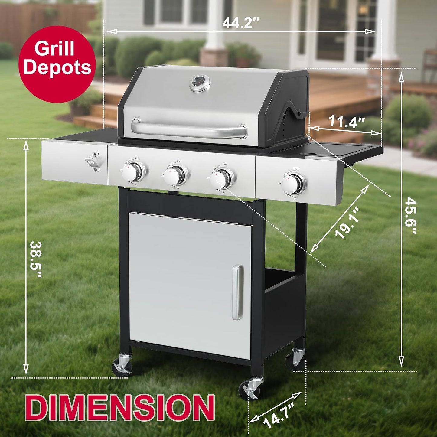 6-Burner BBQ Grill with Side Burner - 69,000 BTU Propane Gas Grill with Cast Iron Grate, Stainless Steel - 620 Sq. In. Cooking Area Cabinet Style Outdoor Grill for Barbecue & Backyard