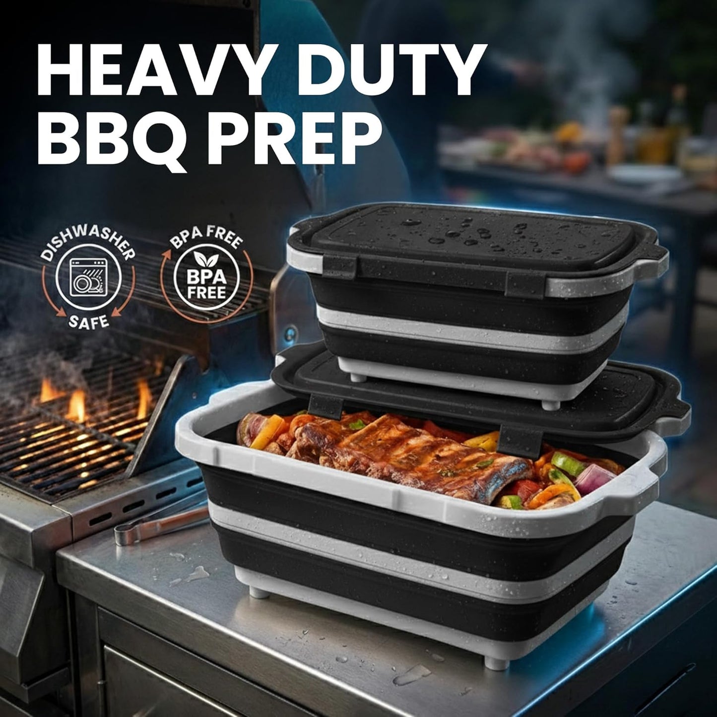 BBQ Prep Tub 2 Pack (8L+8L) - Multifunctional Collapsible Camping Cutting Board with Upgraded Locking Lid, Meal Prep Meat Storage Container Perfect for Grilling, Outdoor Cooking (Large x 2)