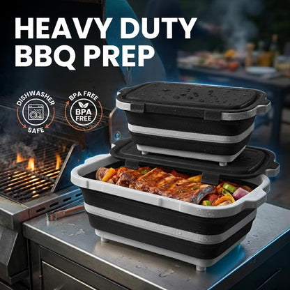 BBQ Prep Tub 2 Pack (8L+8L) - Multifunctional Collapsible Camping Cutting Board with Upgraded Locking Lid, Meal Prep Meat Storage Container Perfect for Grilling, Outdoor Cooking (Large x 2)