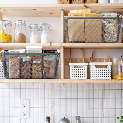 Ziliny 4 Pcs Metal Mesh Wire Baskets with Wooden Handles for Organizing, Pantry Organizers and Storage Steel Bin Kitchen Baskets for Fruit Potato Onion Snacks Bathroom Cabinet(Medium,Cream White)