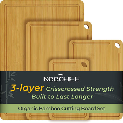 Keechee Wood Cutting Board for Kitchen - Reversible Bamboo Cutting Boards Gift Set of 3 with Juice Groove, Wooden Chopping Board for Meat, Fruit, Vegetables & Cheese (Pre Oiled, Natural)