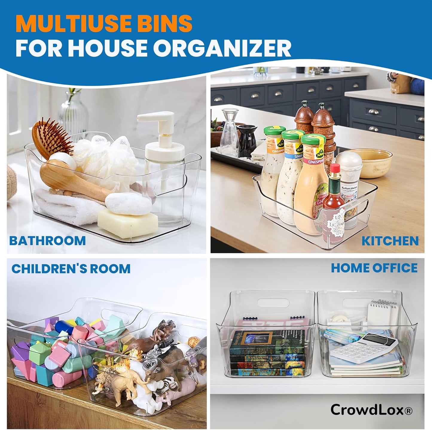 12 PACK Multi-Use Clear Plastic Storage Bins for Organizing w/ Labels - Home, Kitchen, Bathroom, Office, Pantry Cabinet Shelf Organizer Bins