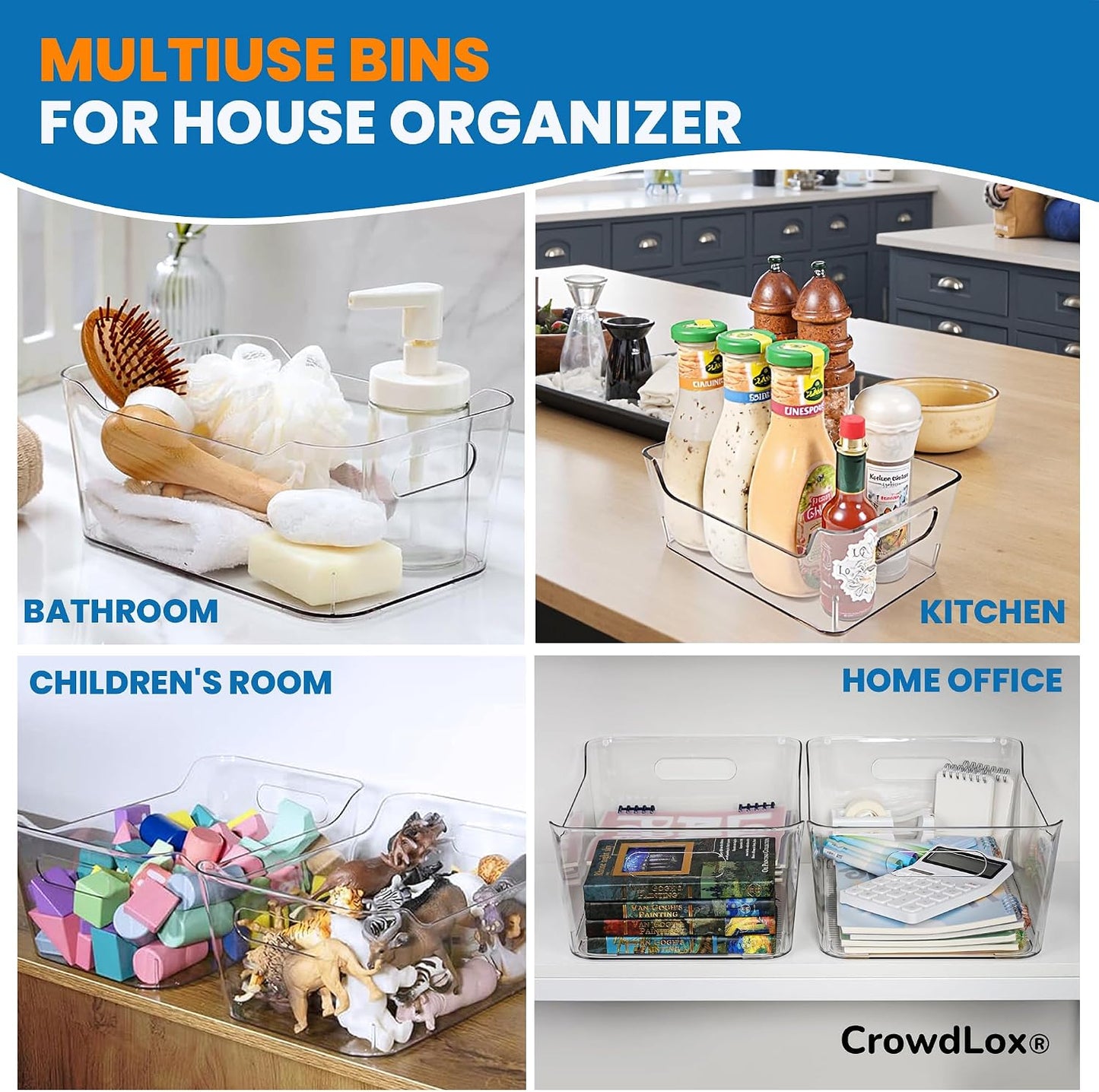 6 PACK Multi-Use Clear Plastic Storage Bins for Organizing w/ Labels - Home, Kitchen, Bathroom, Office, Pantry Cabinet Shelf Organizer Bins