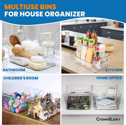 6 PACK Multi-Use Clear Plastic Storage Bins for Organizing w/ Labels - Home, Kitchen, Bathroom, Office, Pantry Cabinet Shelf Organizer Bins