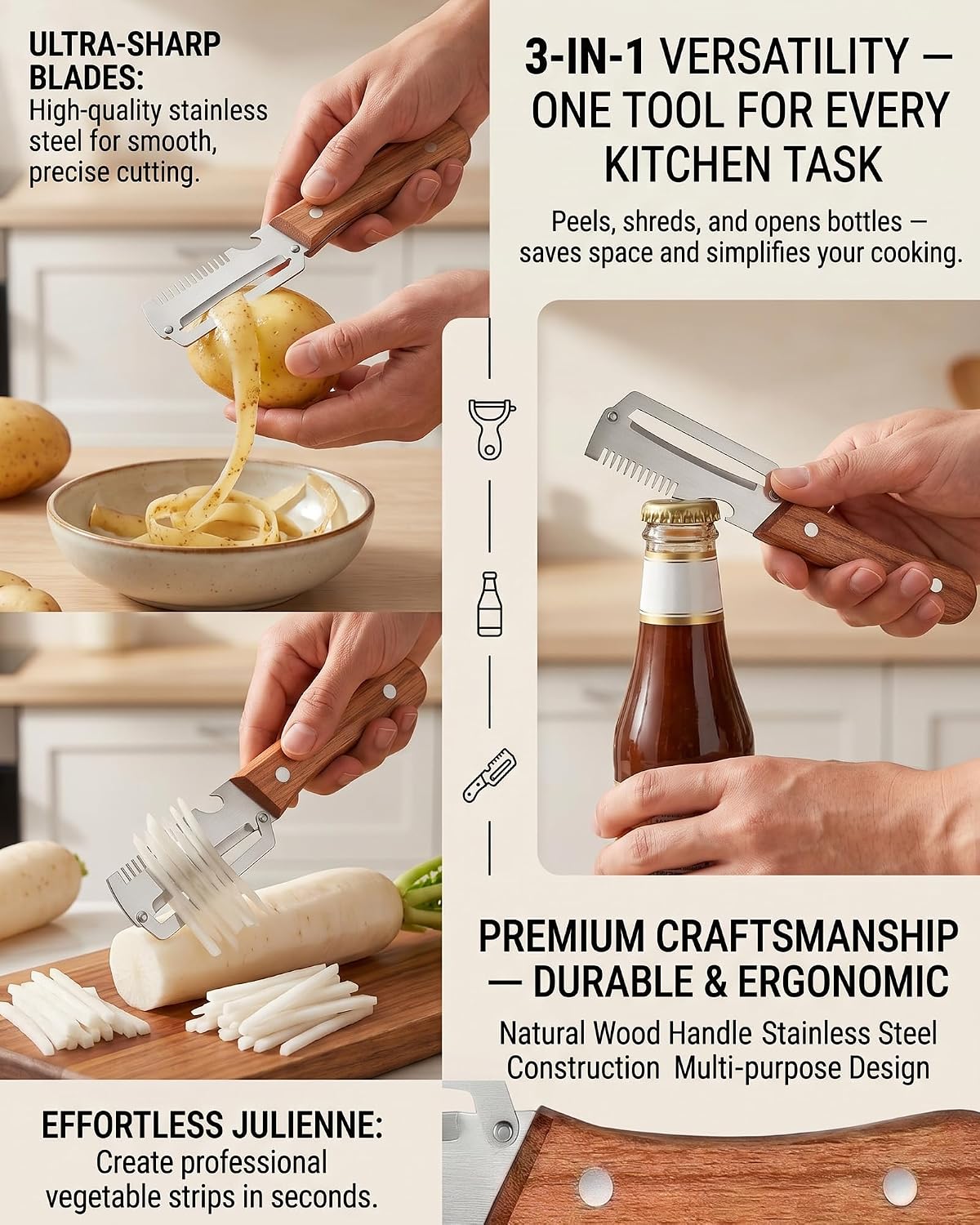 Vegetable Peeler with Wooden Handle and Bottle Opener,2026 Upgrade Multifunctional Stainless Steel Peeler,Vegetable Peeler for Kitchen,Suitable for Vegetables or Fruits that Need to Be Peeled(2PCS)