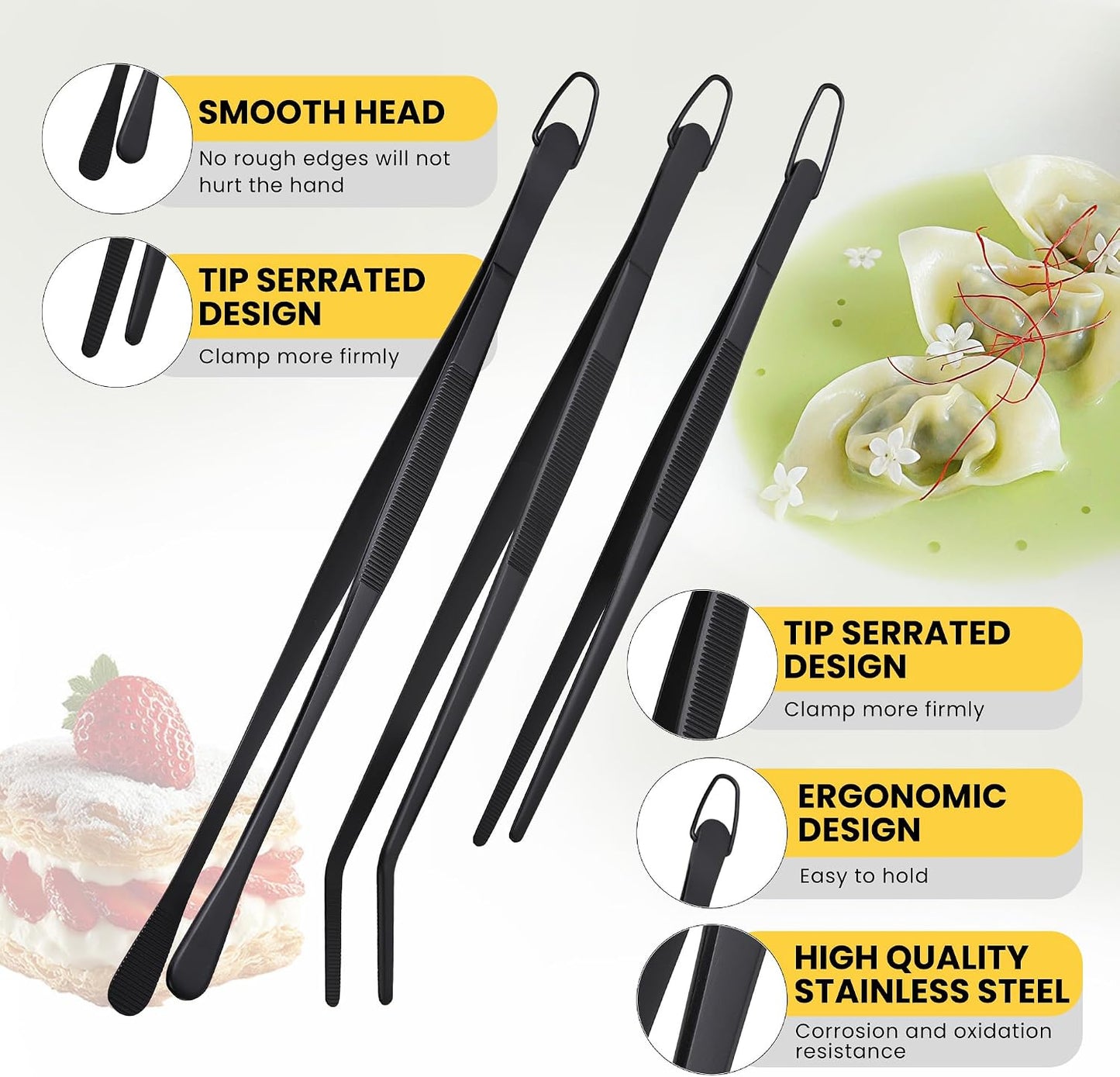 3 Pcs Cooking Tweezers Set, 8" 12" Food Grade 304 Stainless Steel Kitchen Tweezers with Straight & Angled Serrated Tips, Fingerprint-Proof Precision Tongs for BBQ, Plating, Aquascaping