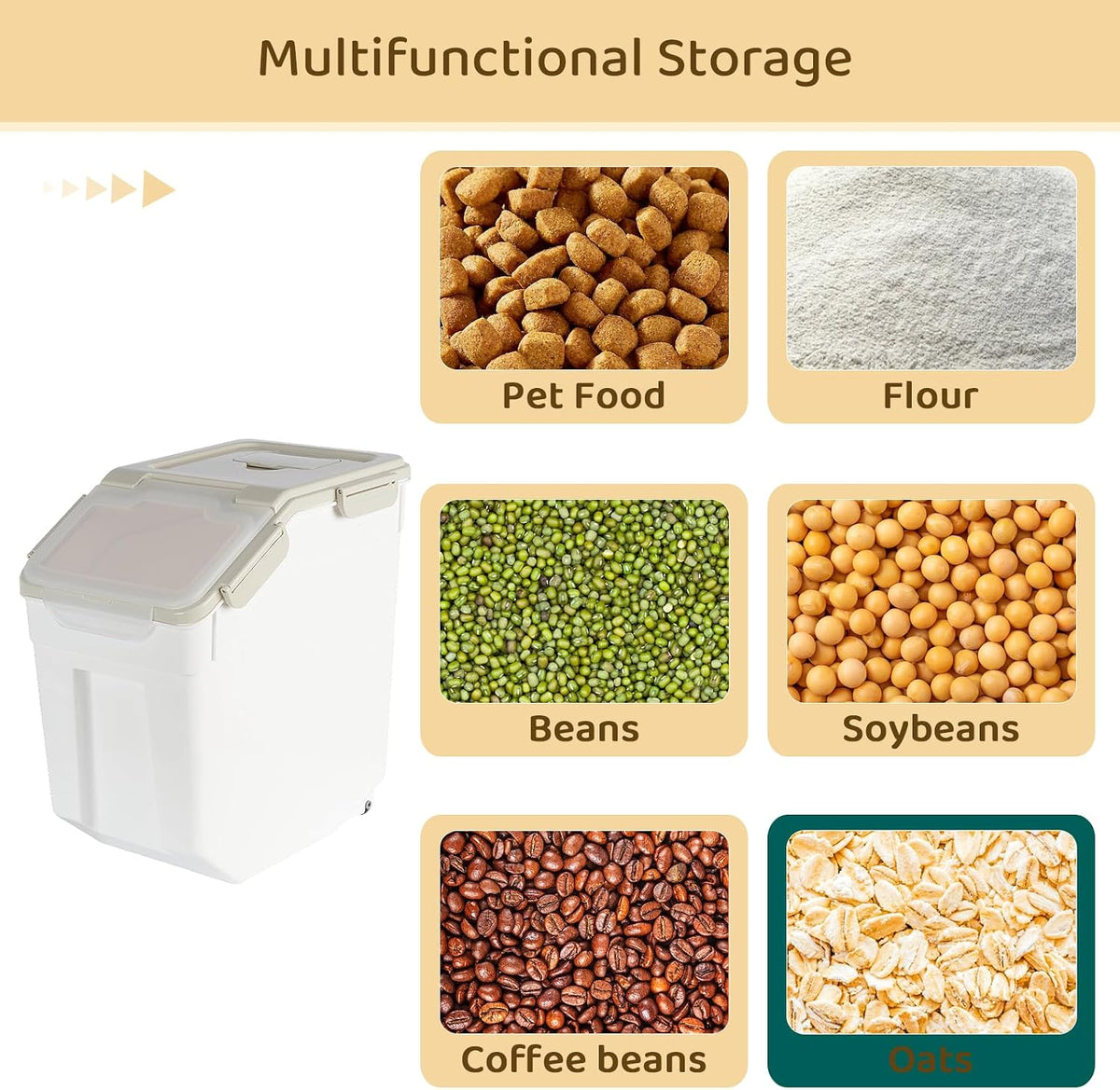 Rice Storage Container 25 lbs, Grey, 2 Pack | Airtight, with Wheels, Locking Lid, Measuring Cup Included, for Flour Sugar Grain Cereal