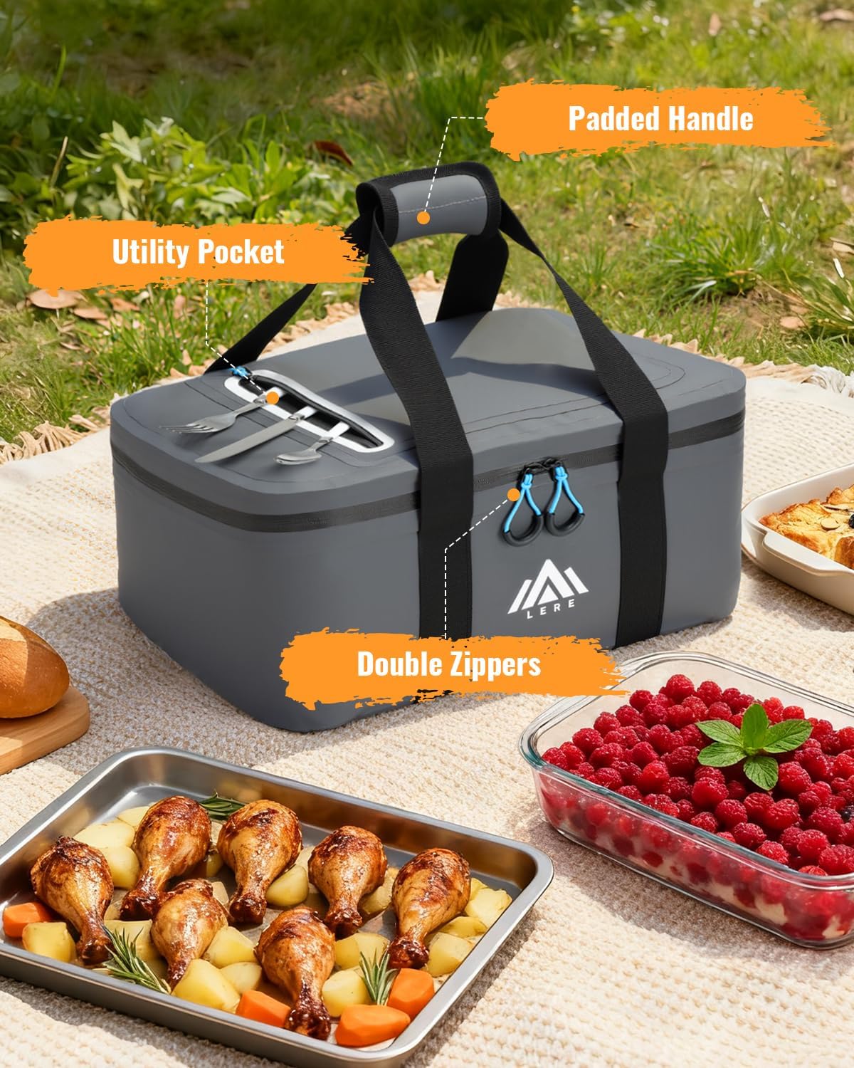 Lekesky Insulated Casserole Carrier (Soft-Side) for Hot or Cold Food, Casserole Dish Bag Carrying Case - Lasagna Lugger Holder for Potluck/Picnic, Fits 9x13 & 11x15 Inch Baking Dish, Dark Gray