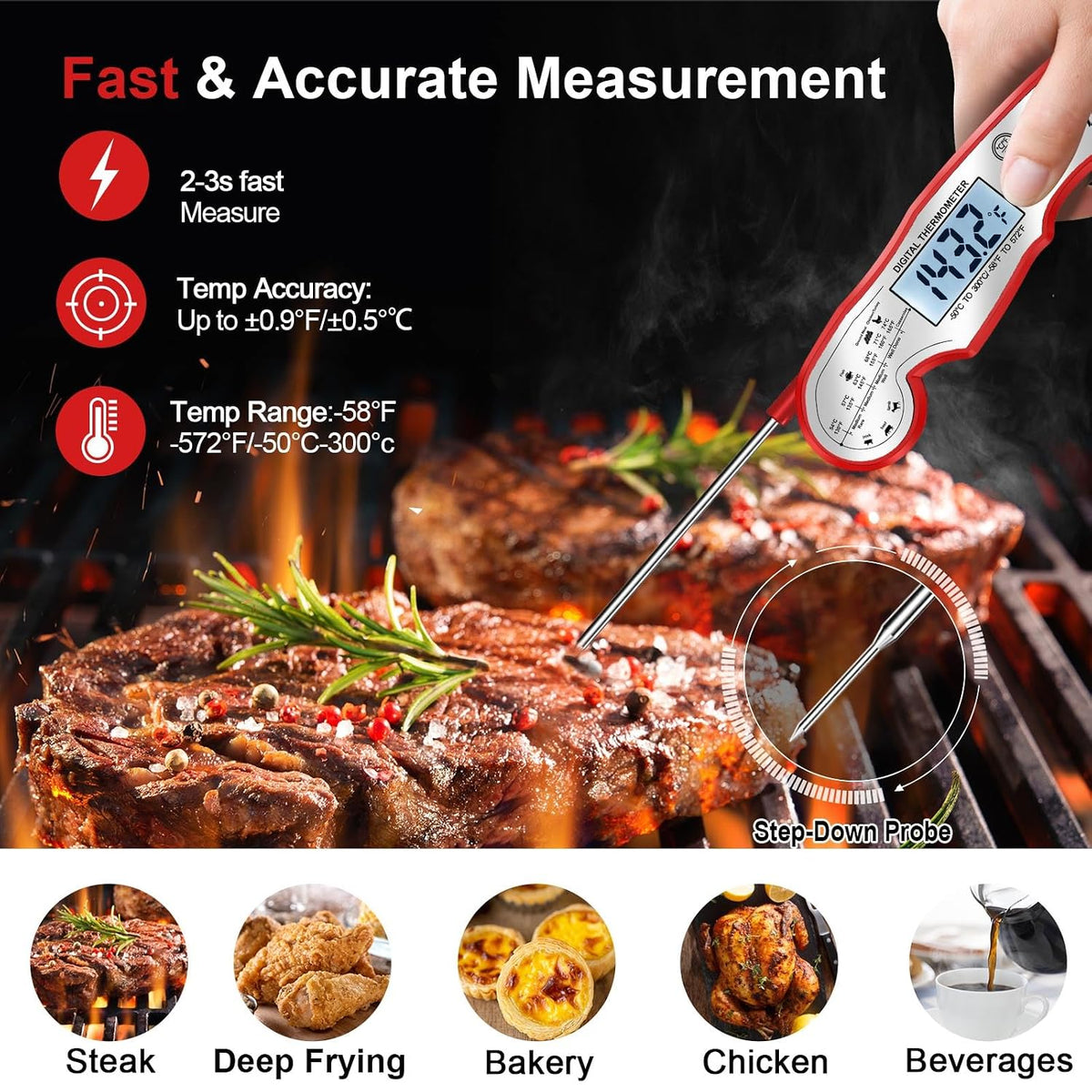 Meat Thermometer Digital for Grilling and Cooking - ANDAXIN Waterproof Ultra-Fast Instant Read Food thermometers with Backlight & Calibration for Kitchen, Deep Fry, BBQ, Grill(Red/Black), LCD