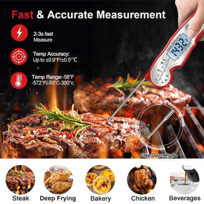 Meat Thermometer Digital for Grilling and Cooking - ANDAXIN Waterproof Ultra-Fast Instant Read Food thermometers with Backlight & Calibration for Kitchen, Deep Fry, BBQ, Grill(Red/Black), LCD
