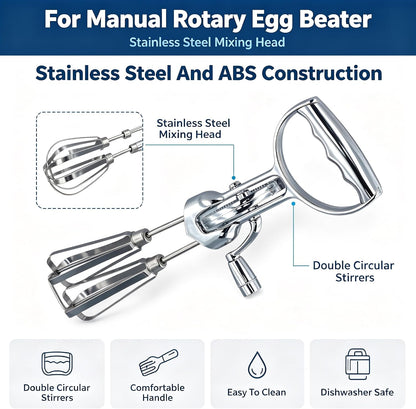 Manual Rotary Egg Beater With Stainless Steel Mixing Head And ABS Handle, 360 Degree Hand Crank Whisk For Kitchen Cooking Baking, Semi-Automatic Mixer Tool Saves Time Effort Easy Clean Dishwasher Safe