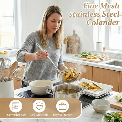 2 Pack Fine Mesh Strainer Stainless Steel Kitchen Sieve - Oil Grease Skimmer Spoon with Long Handle, Small Large Food Strainers for Frying Cooking Soup