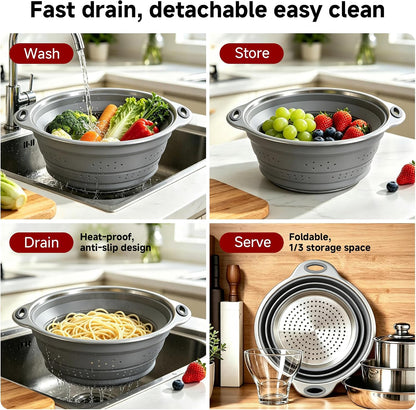 Mejoncb Collapsible Colander – Platinum Silicone Strainer with Stainless Steel Base, BPA-Free & Heat Resistant Kitchen Drain Basket (Gery)