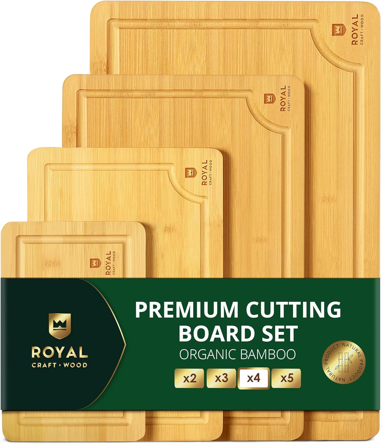 ROYAL CRAFT WOOD Wooden Cutting Boards for Kitchen Meal Prep & Serving - Bamboo Wood Serving Board Set with Deep Juice Groove Side Handles - Charcuterie & Chopping Butcher Block for Meat