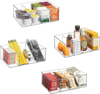 Sorbus Storage Bins with Dividers - Clear Plastic Organizer - Store Tea Bags, Spices, Seasonings, Drink Packets, Oatmeal - Snack Storage & Display Containers for Kitchen & Pantry (4 Pack)